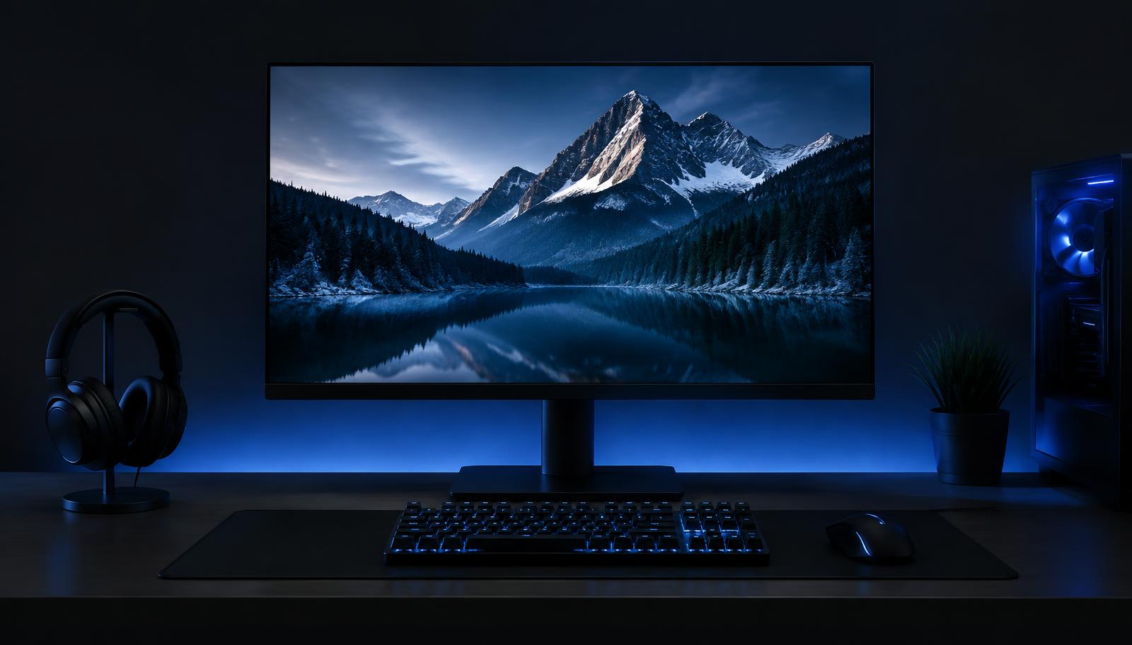 Gaming monitor with keyboard and headphones on a dark desk