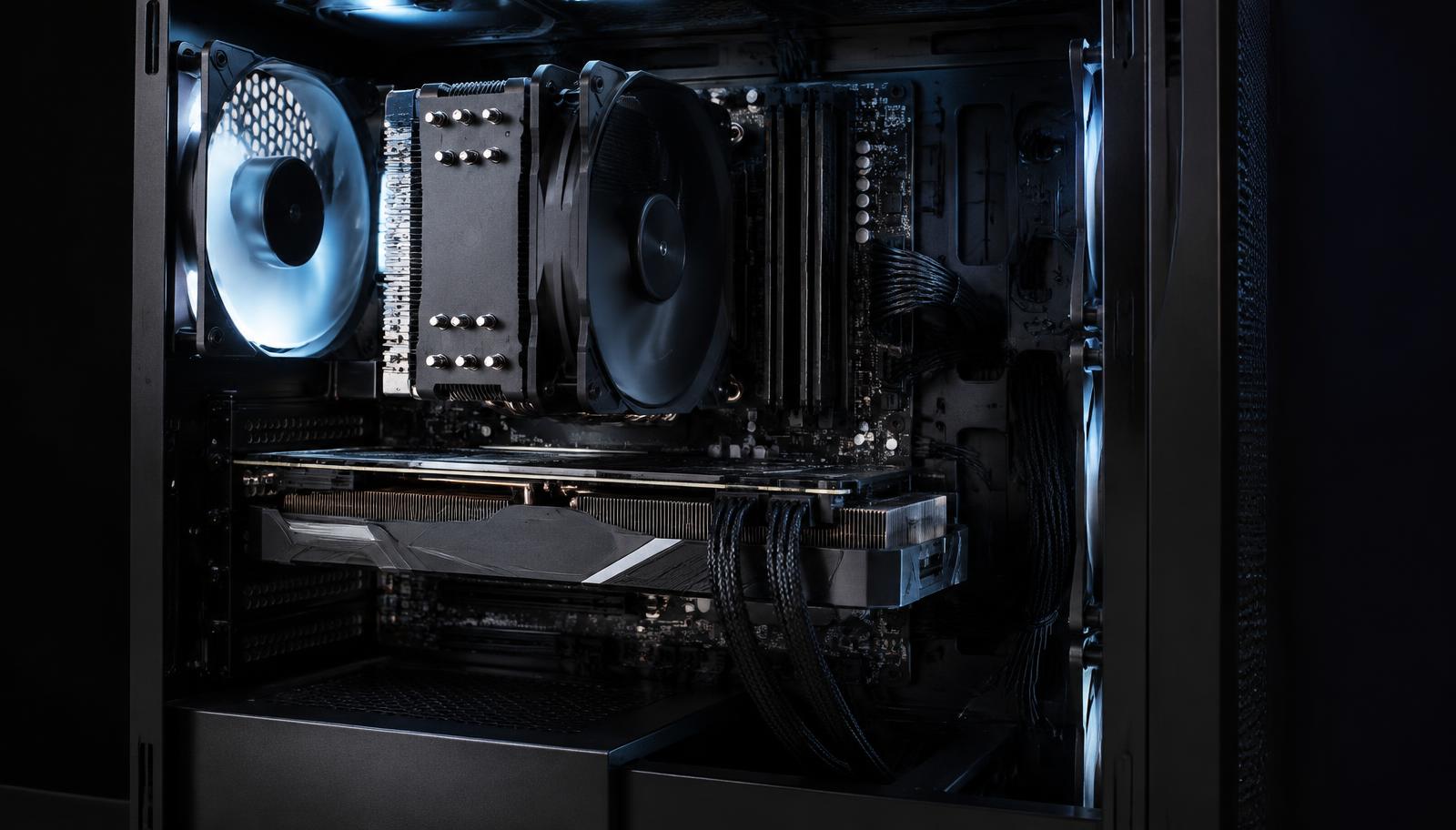 Inside a gaming PC showing cooler and graphics card