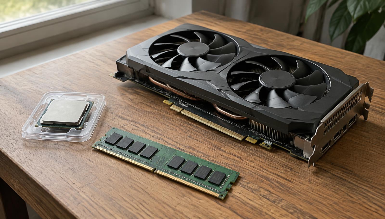 Used graphics card, processor and memory module on a table